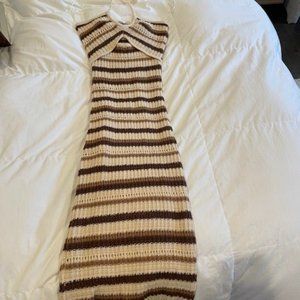 Striped Brown and Cream Midi Dress